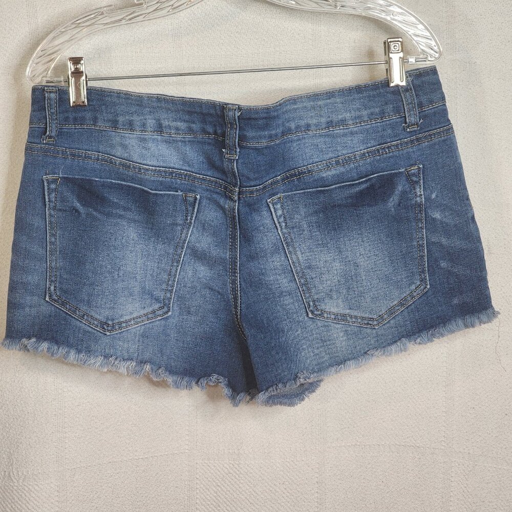 Rue21 Medium Wash Sunshine Cut Out Cotton Poly Viscose Span Cut Off Shorts Sz 12 - Picture 10 of 16